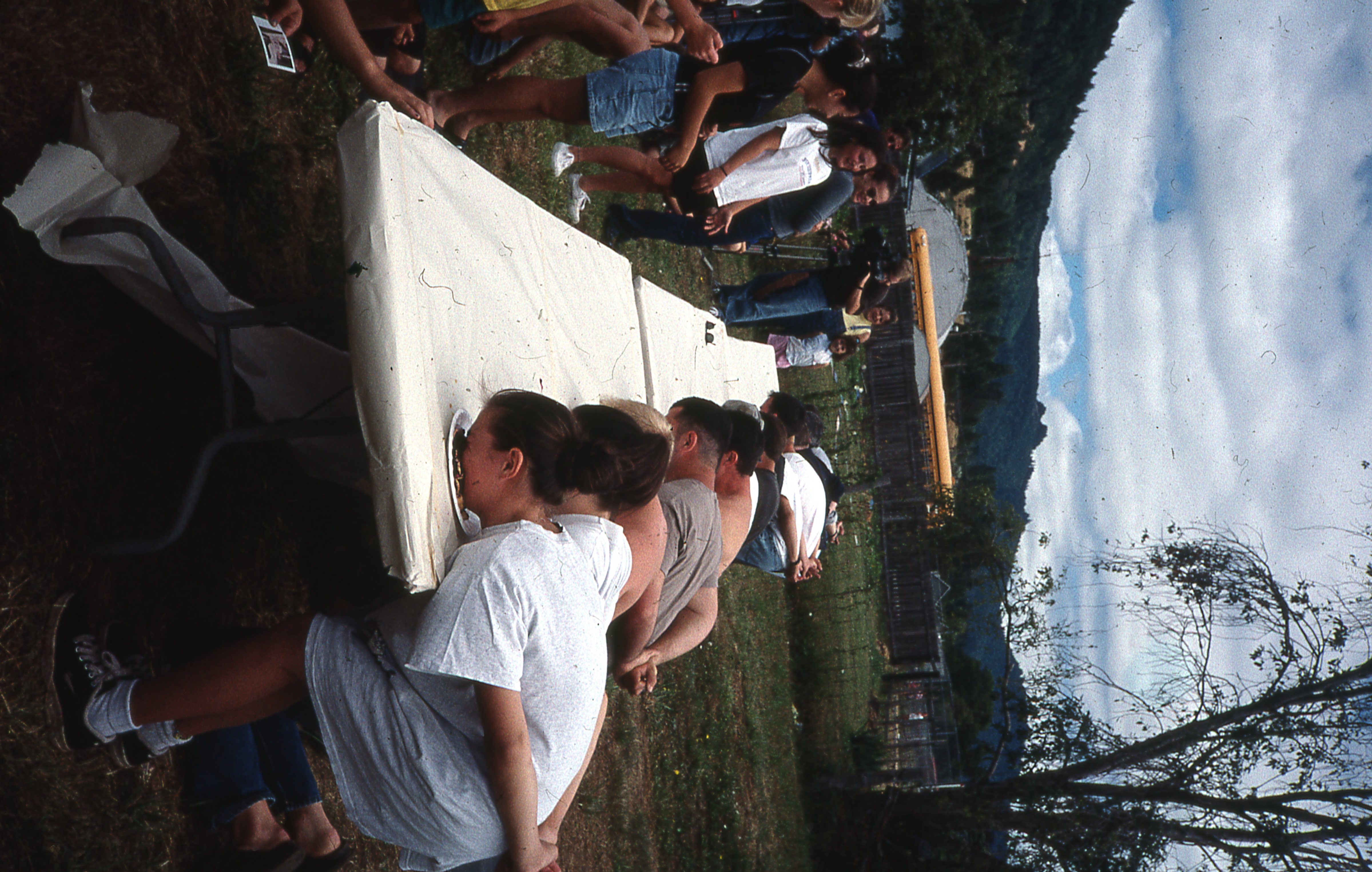 A group of participants in a pie eating contest during Lowell, Oregon's Blackberry Jam Festival.